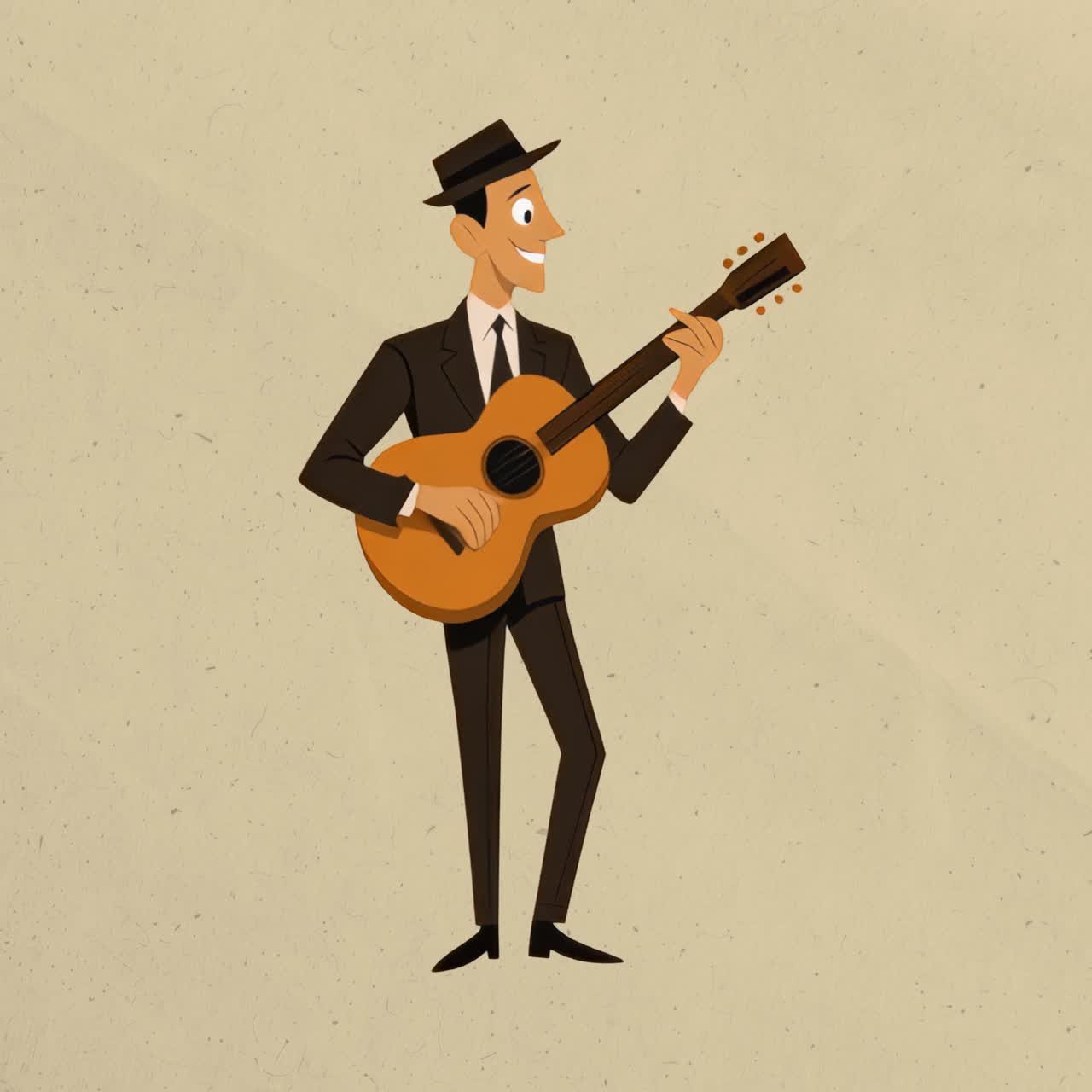 Risorsa isolata di animazione di illustrazione di un musicista retrò che suona la chitarra, video 4K trasparente, alfa