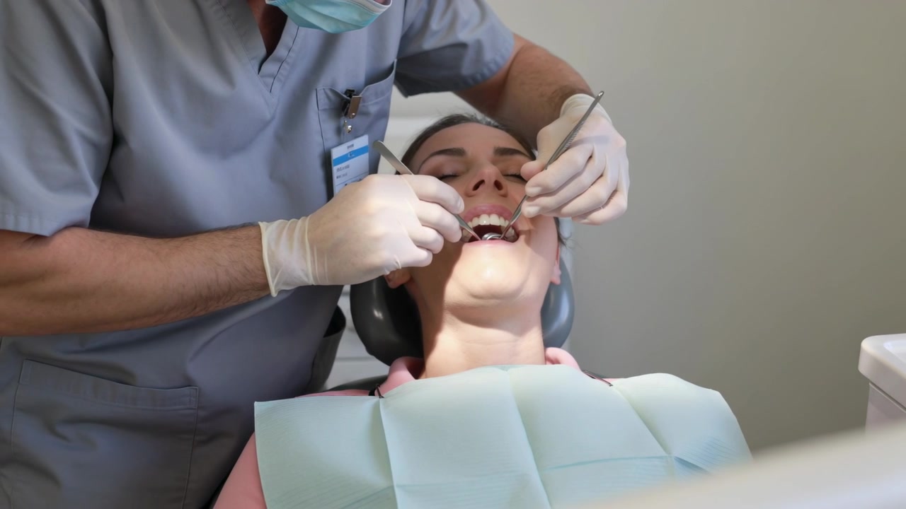 Clínico inclinado de uniforme cirúrgico e máscara examinando paciente em cadeira odontológica, usando espelho e sonda