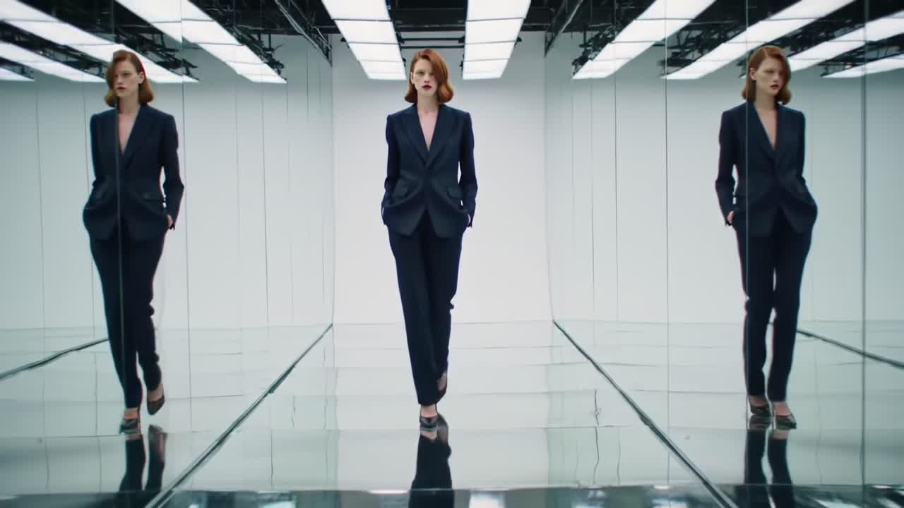 Confident Woman Walks Through Modern Mirrored Space Showcasing Sleek Fashion and Style