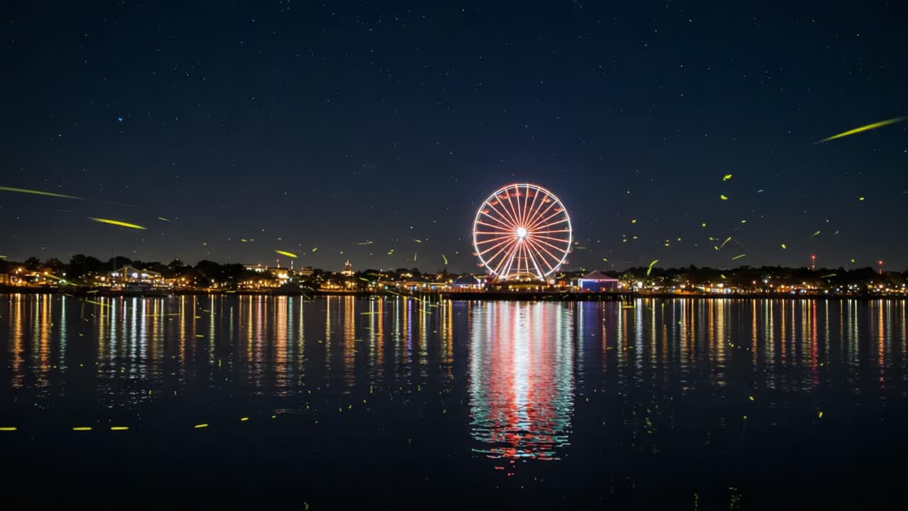 A Stunning Nighttime Scene Capturing a Majestic Ferris Wheel Reflected on Serene Waters Under a Starry Sky Amidst Natural Light Effects