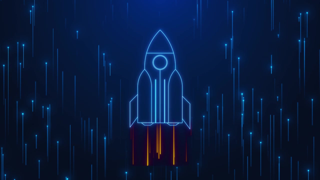 Minimal rocket outline lifting through glowing blue streaks and digital rain suggests speed ambition