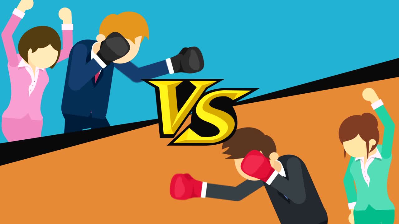 Uomo d'affari in battaglia con guantoni da boxe. Concetto di competizione aziendale. Illustrazione in loop in stile flat.