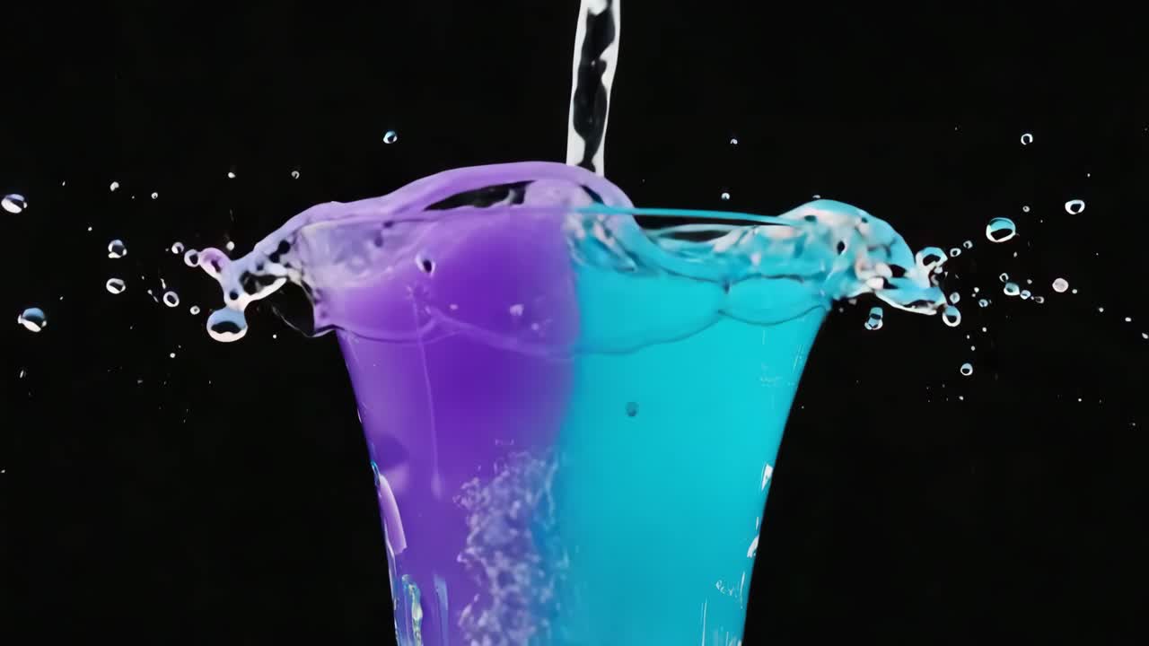 Colorful Liquid Pouring and Splashing in a Glass