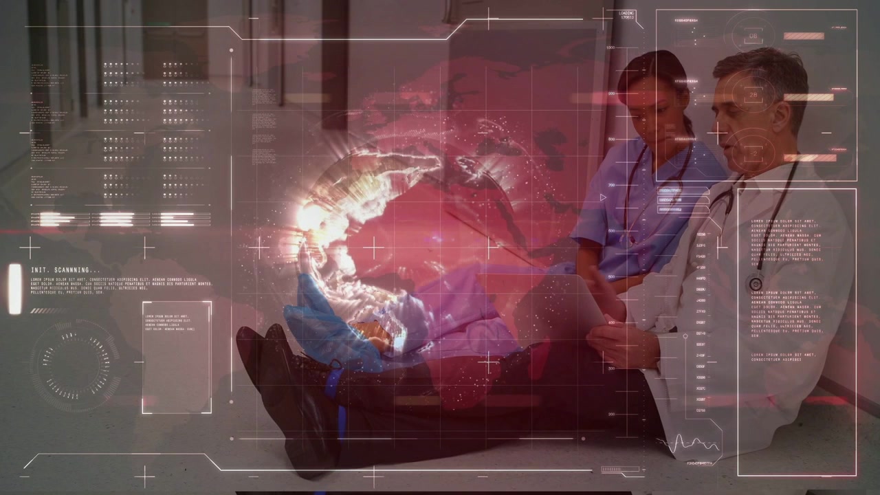 Læge tapper på tablet, roterende hologramklode og HUD fejer, sygeplejerske overvåger patient til triage