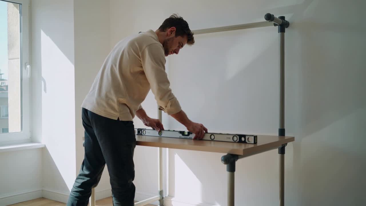 Uomo in camicia beige che controlla con la livella, assicurandosi che un tavolo con telaio tubolare sia in piano in un appartamento.