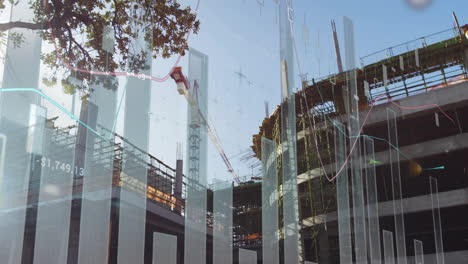 financial data and graphs overlaying construction site, workers planning project