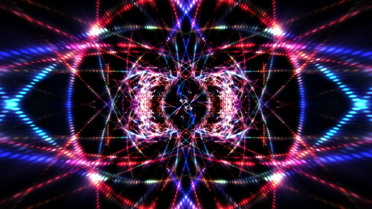 Abstract 3D red purple blue digital glittering particles with neon glowing light rays loop motion. Digital technological effect animation. 4K 3D render seamless loop background concept. VJ stage Loop.