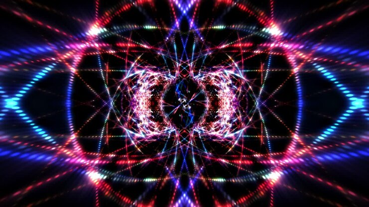 Abstract 3D red purple blue digital glittering particles with neon glowing light rays loop motion. Digital technological effect animation. 4K 3D render seamless loop background concept. VJ stage Loop.