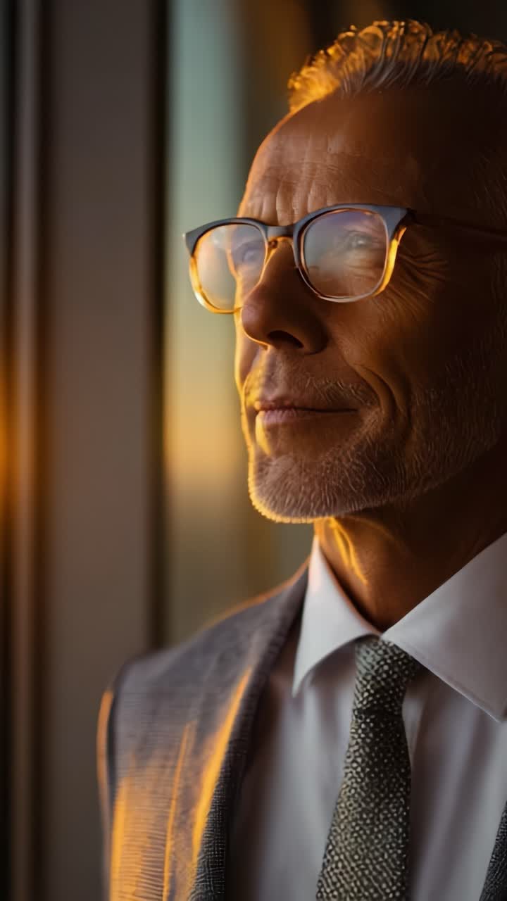 A contemplative man in a suit gazes thoughtfully out of a window, illuminated by the warm glow of the setting sun, reflecting on life and aspirations
