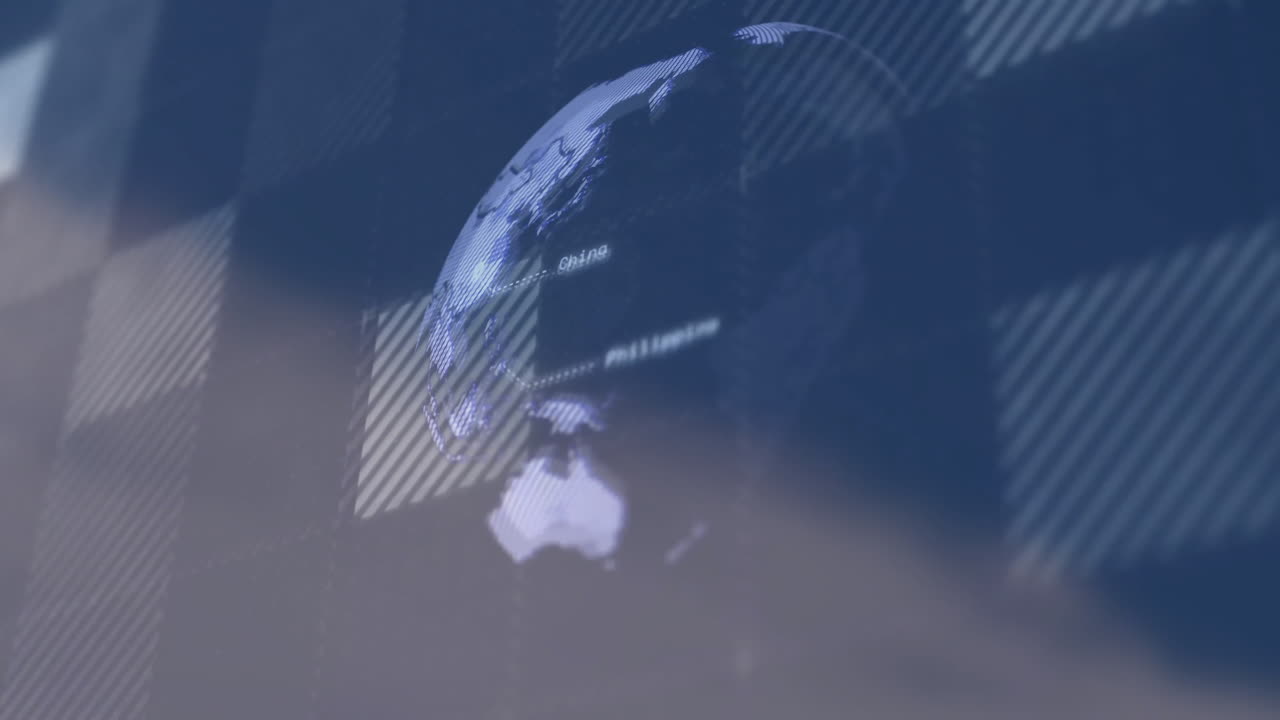 Rotating globe with country names animation over blue digital grid background