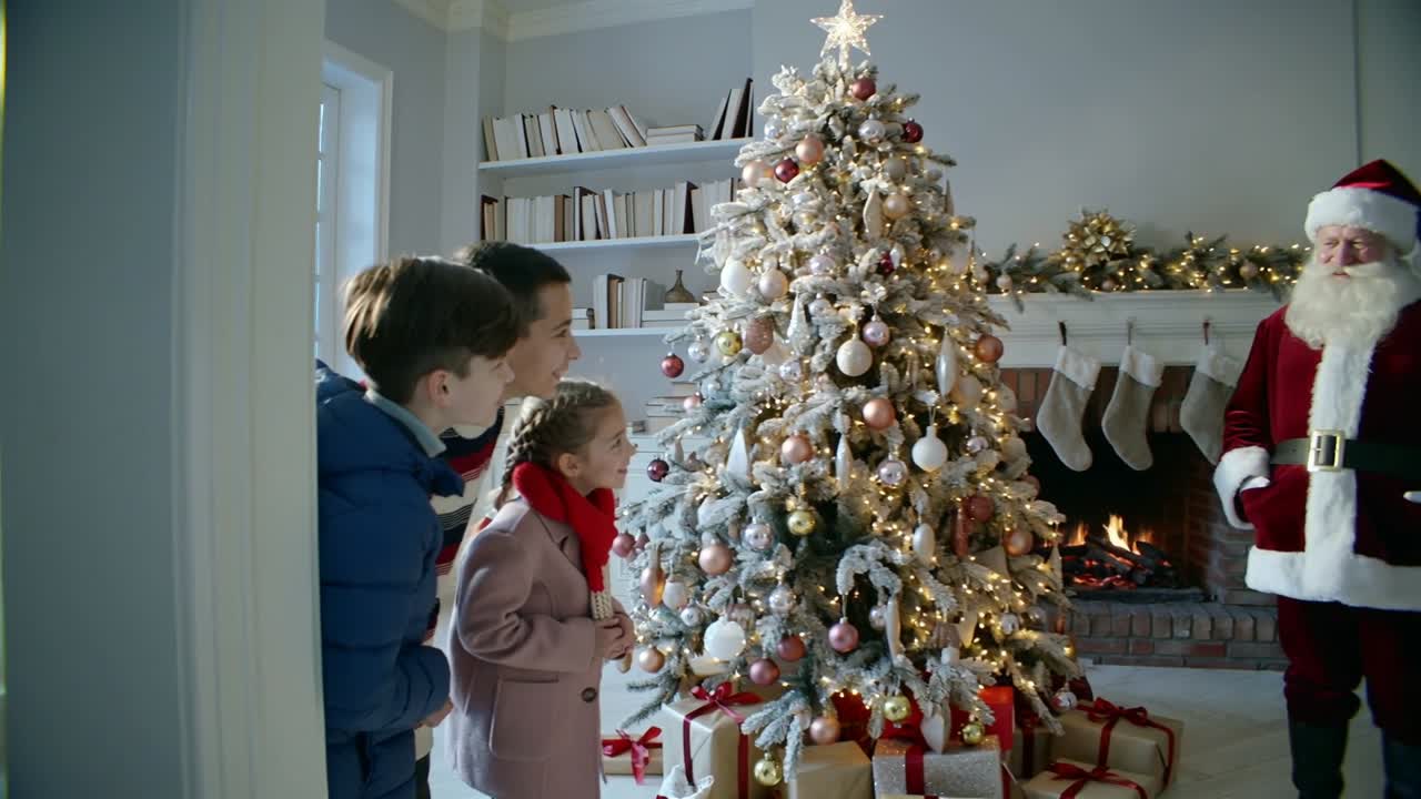 Entering siblings marveling at lit Christmas tree in living room seeing Santa at mantel, copy space