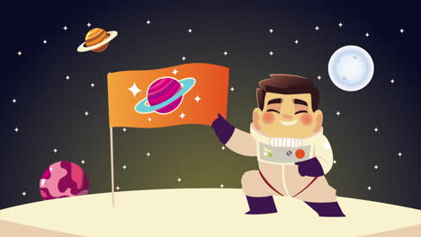 astronauta lindo con la bandera de saturno y el personaje de los planetas