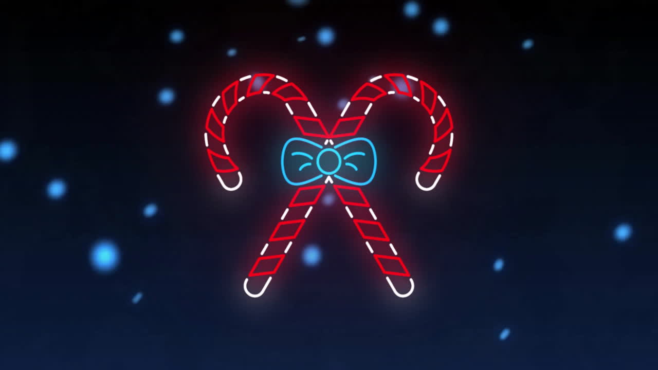 Animation of christmas candy canes decoration with glowing spots on black background
