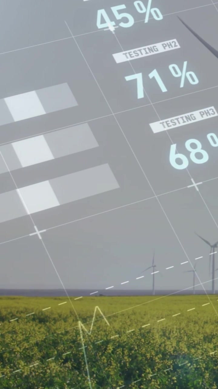 Vertical video: Data HUD sliding over grey sky changing number table to pie chart tracking energy