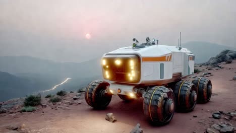 futuristic mars rover exploring a mountainous landscape