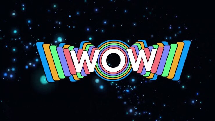 Digital animation of wow text against blue spots of light on black background