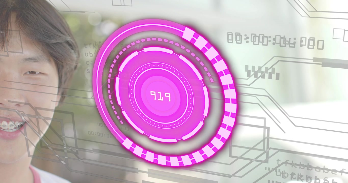 circular HUD appearing over man, updating numbers, pulsing rings for biometric monitoring tech