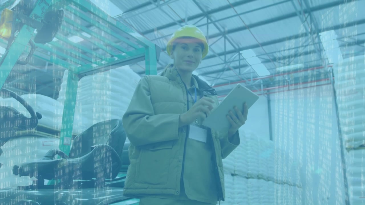 Animation of data processing over caucasian female warehouse worker