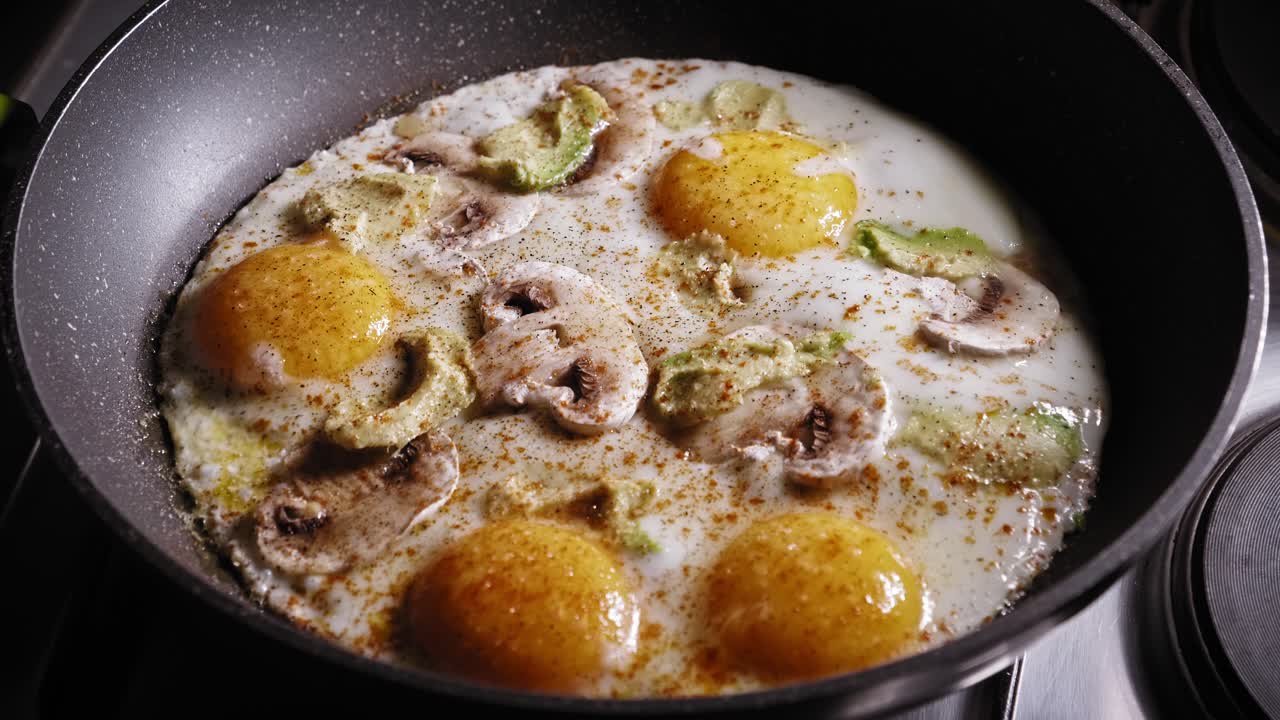 Munien paistamista sienen ja avokadon kera paistinpannulla, maustettuna suolalla ja pippurilla.