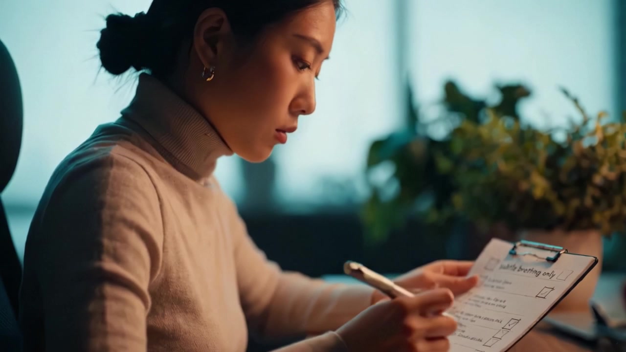 A woman focused on her work at a desk, diligently filling out forms on a clipboard, illuminated by soft lighting with plants in the background, showcasing productivity.
