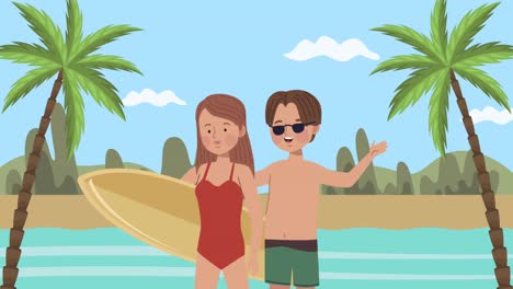 pareja de surfistas con tabla de surf amarilla en la playa