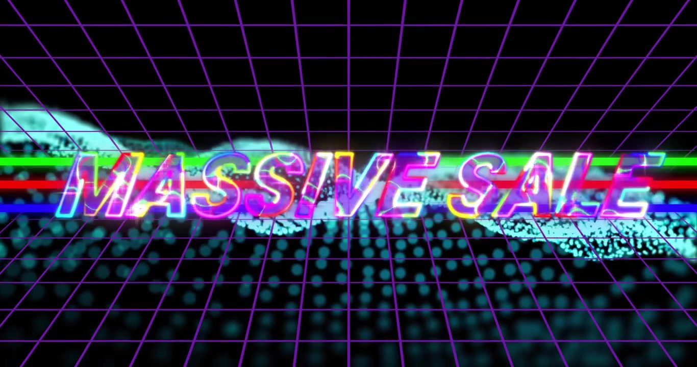 Když se vlnová křivka ustálí, 3D písmena MASIVNÍ VÝPRODEJ se třpytí s RGB pulzem s efektem závady, zvýrazňující nabídku.