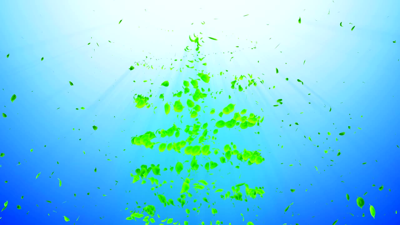 초록색 잎에서 나오는 소용돌이, 스피럴 모양의 반이는 계절 잎의 입자, 춤추는 잎, 다채로운 자연 터널 루프 애니메이션.