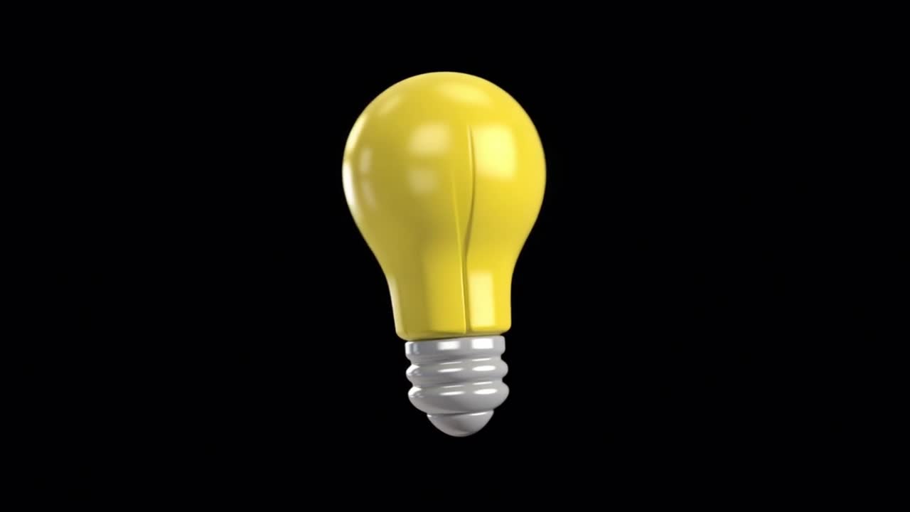 Lampadina gialla animata in 3D rotante su sfondo nero