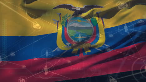 Animation-Eines-Verbindungsnetzwerks-Mit-Symbolen-über-Der-Flagge-Ecuadors