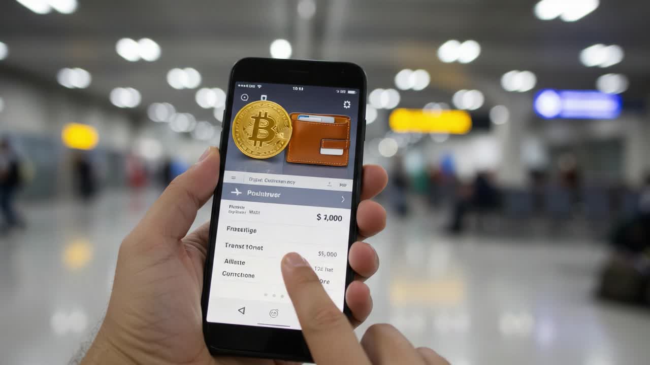 Exploring Digital Transactions: A Person Using a Smartphone to Manage Bitcoin and Financial Transactions in a Busy Airport Setting