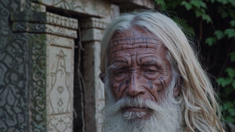 elderly man with long white hair and traditional face tattoos stands in front of a blurred ancient stone structure, representing a connection to ancestral knowledge and cultural heritage