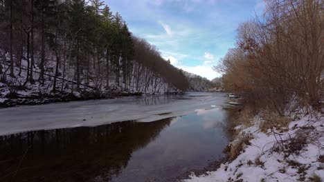 Río-Tranquilo-Con-Hielo-Y-Nieve-Restantes-En-El-Bosque,-Día,-Invierno,-Foque-Abajo