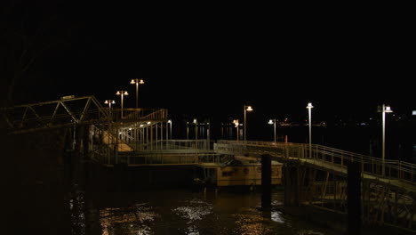 a lot of lampposts help to light this bridge that connects a dock in the darkness