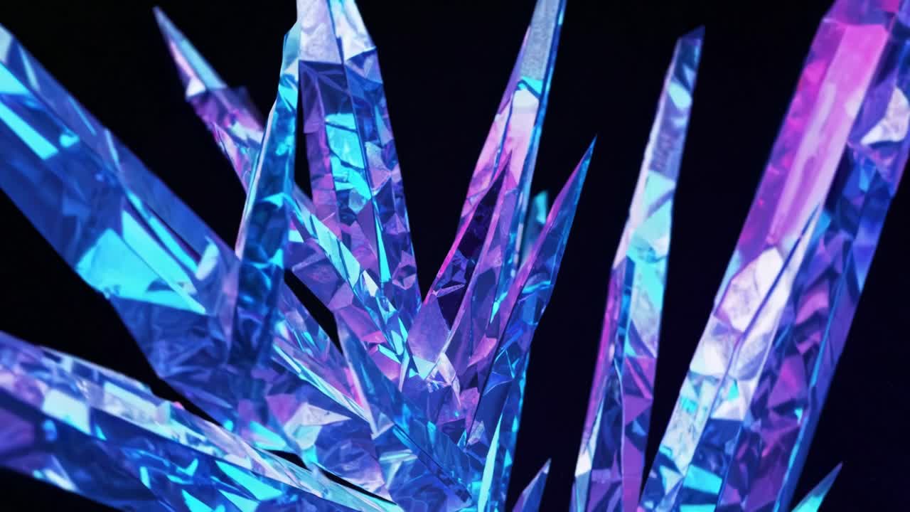 This captivating display reveals intricate crystal formations shimmering with iridescent colors. Set in a dark environment, the crystalline structures reflect light beautifully, creating a mesmerizing visual effect. The interplay of colors highlights the sharp edges and unique shapes of the crystals