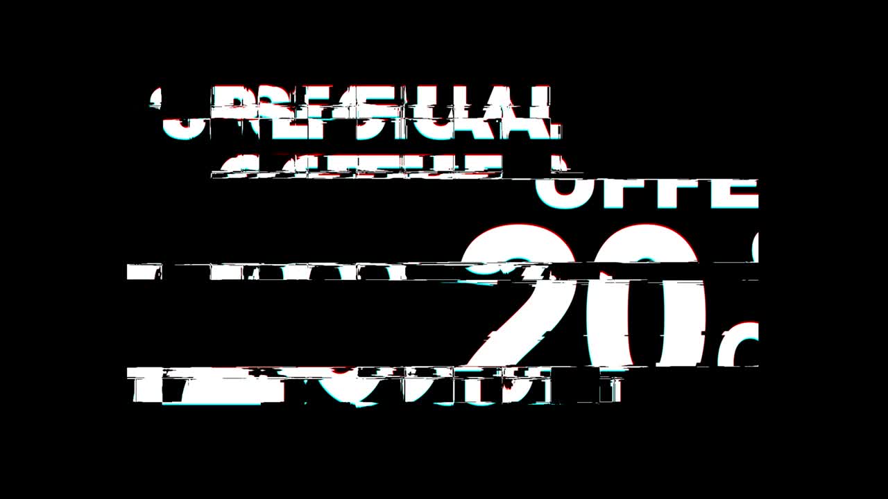 ofrecemos un 20% de descuento en los efectos de glitch, texto, tv digital, distorsión, animación en bucle 4k.