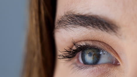 primer plano del ojo marrón de la hembra contra un fondo gris