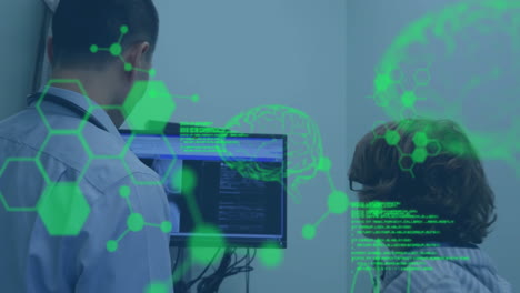 Medical data processing animation over doctor and child looking at computer screen