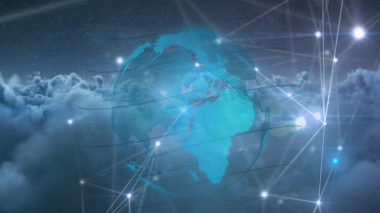 animación de la red de conexiones y el globo sobre el cielo con nubes