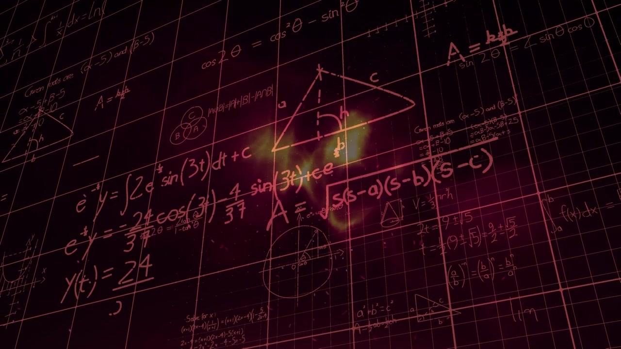 Animation of mathematical equations over shapes on black background