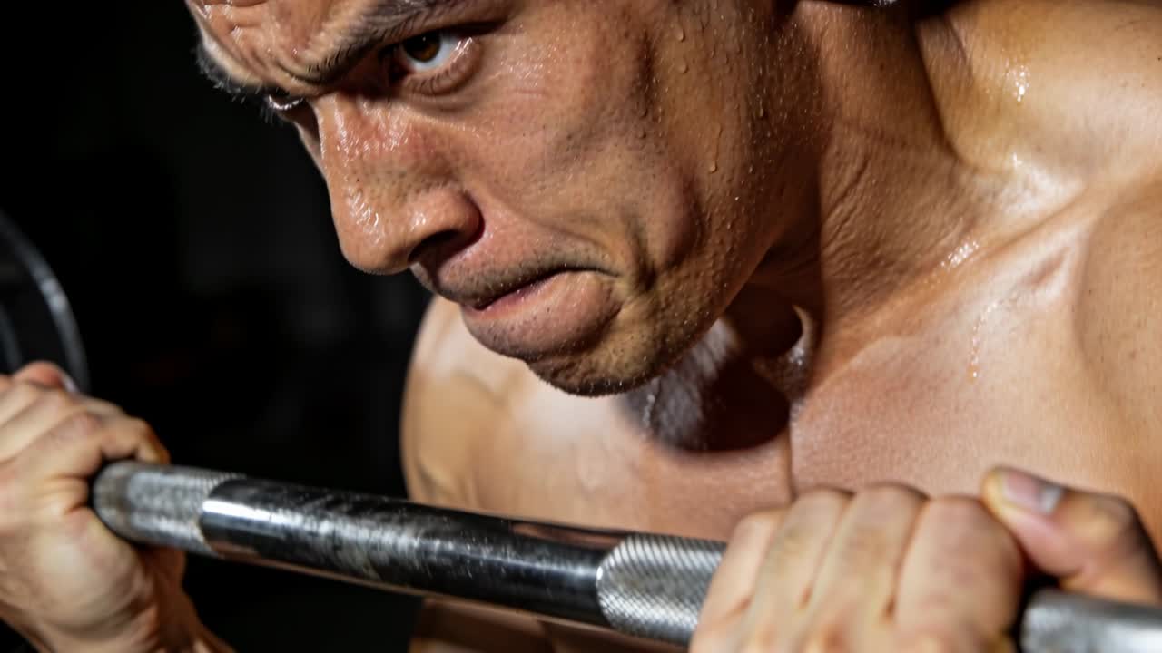 Uomo a torso nudo che si sforza sollevando un bilanciere in palestra, stringendo i denti e spingendo per la massima ripetizione.