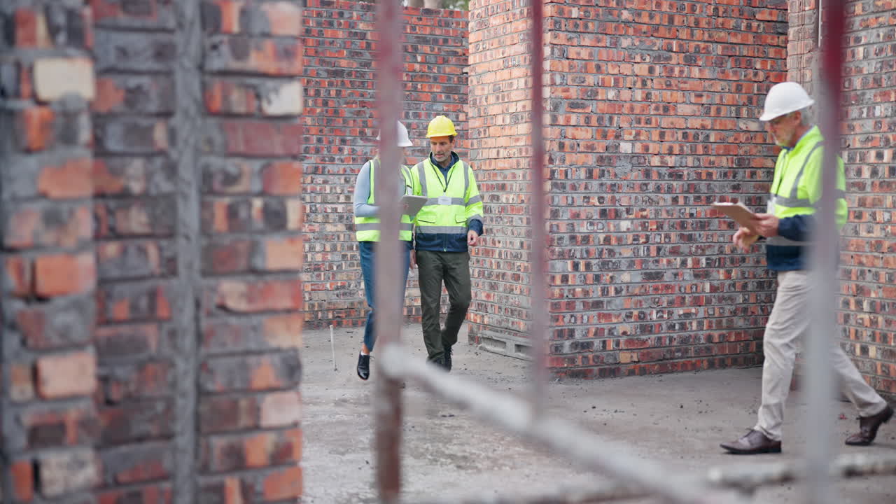 Construction workers planning and inspecting a building
