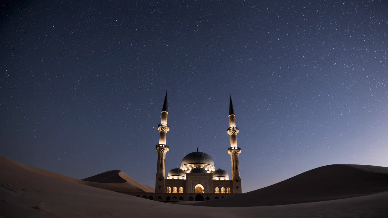 Una serena scena video notturna di una moschea sotto un cielo stellato, ripresa dal basso.