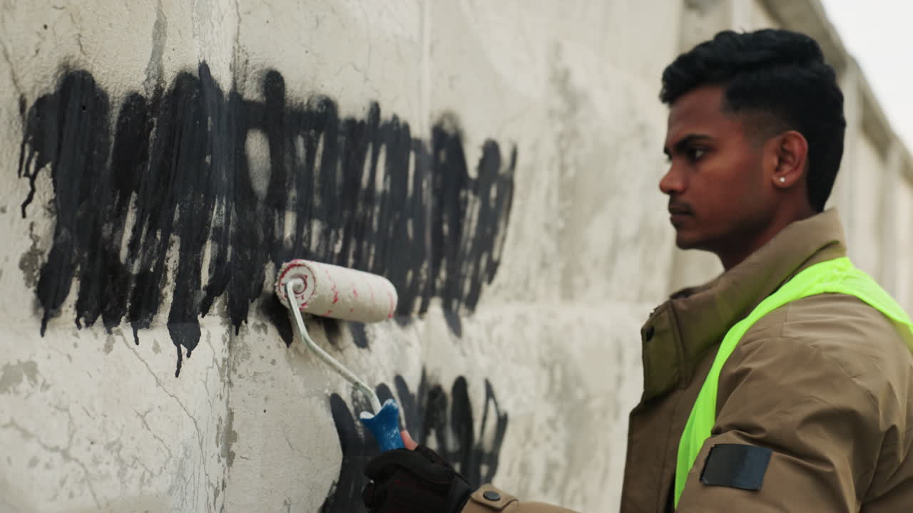 Asiatisk mand maler over en graffitivæg, byvedligeholdelsesarbejder dækker sorte tags med en rulle, iført refleksvest og vinterjakke, behanskede hænder holder malerværktøj, rygsæk over skulderen, urban.