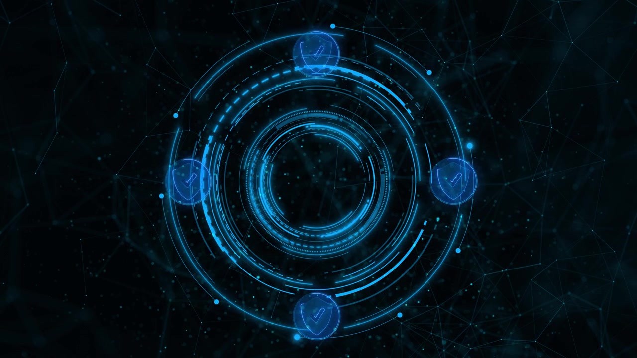 Cyber protection interface visual with glowing blue rings shield checks and dark connected nodes