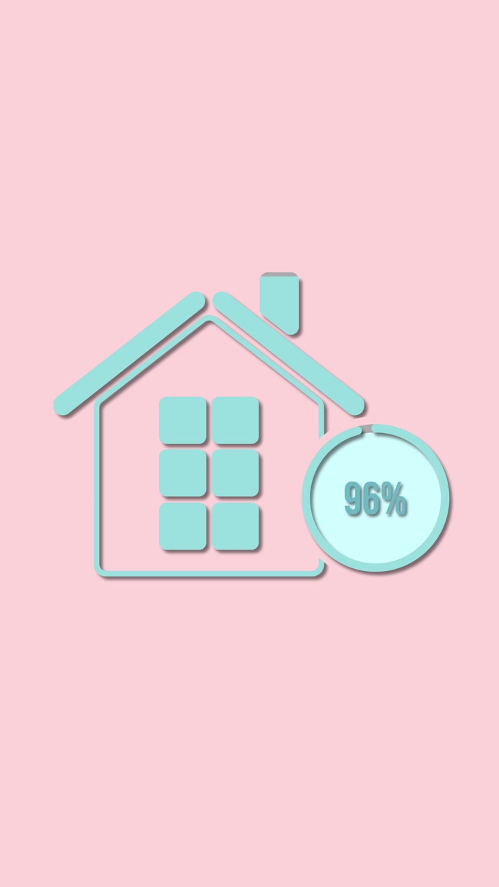Grafica animata di una casa con percentuali crescenti, colori pastello e transizioni fluide su uno sfondo rosa.