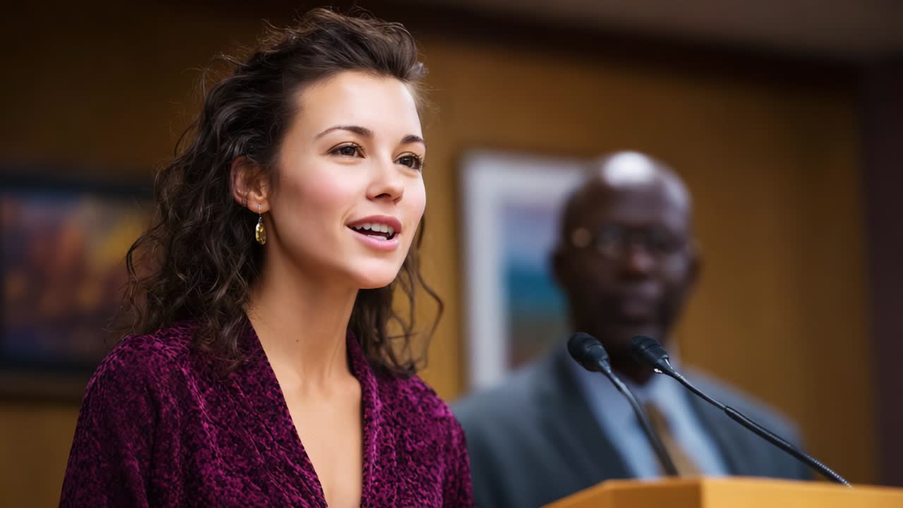 Confident Speaker Addresses Audience with Poise and Determination, Sharing Valuable Insights While a Supportive Figure Stands in the Background, Highlighting the Importance of Communication and Engagement
