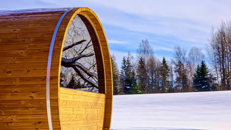 close up of barrel sauna mirror window reflecting the snow forest