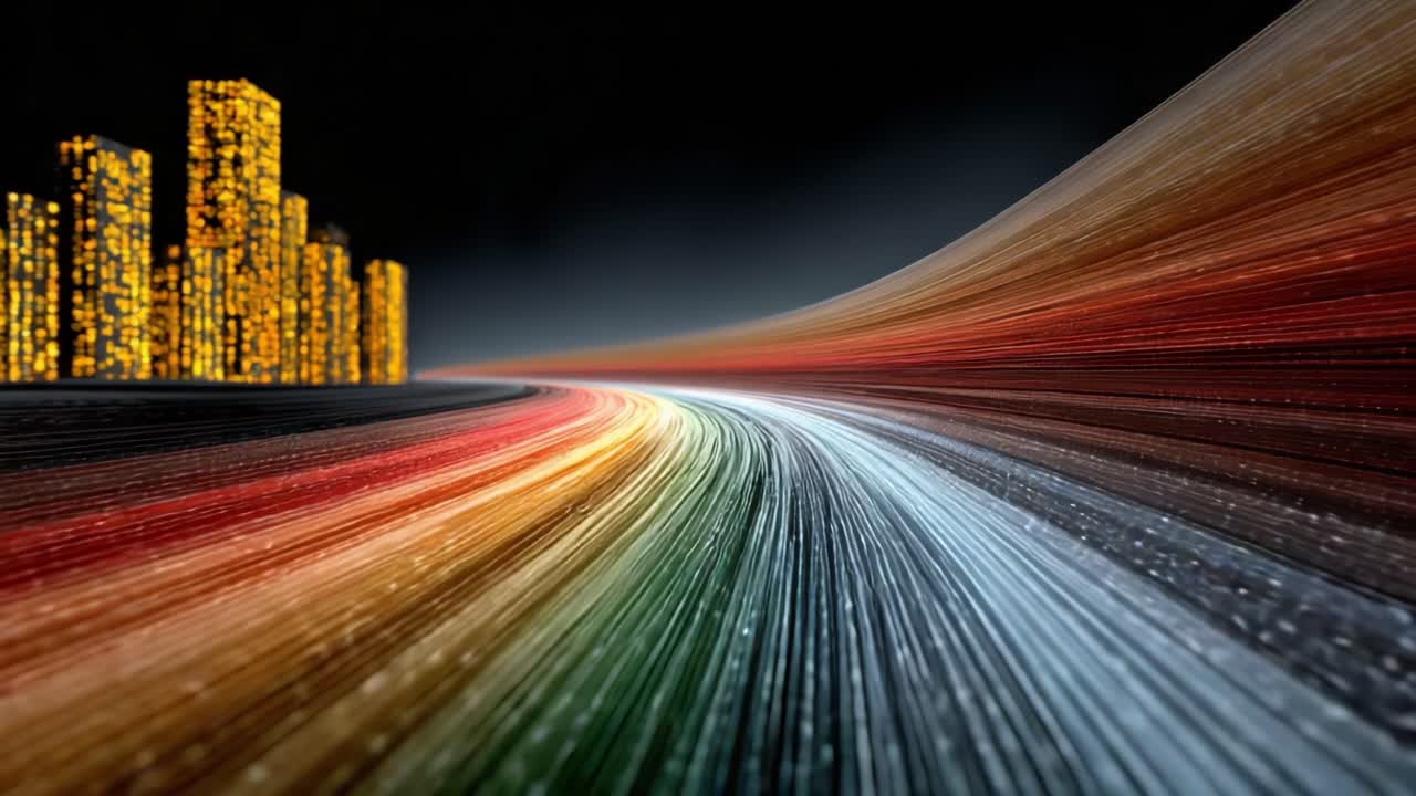 A Stunning Visualization of Colorful Light Trails Flowing Through an Urban Landscape, Showcasing Motion and Energy With a Dynamic Blend of Colors and Textures