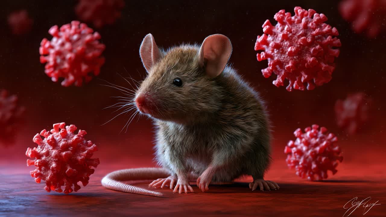 Un primo piano di un topo marrone tra sfere rosse fluttuanti simili a virus, che evidenzia temi di malattia e interazioni animali in un ambiente vivido e surreale.