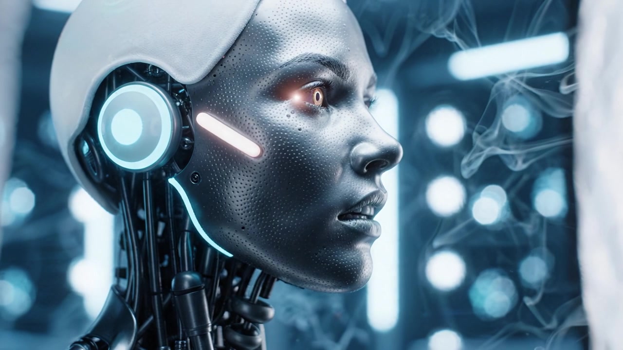 Un'espressione intensa dell'emozione di un robot futuristico in un ambiente ad alta tecnologia con caratteristiche luminose e un design meccanico intricato, catturata in due fotogrammi.